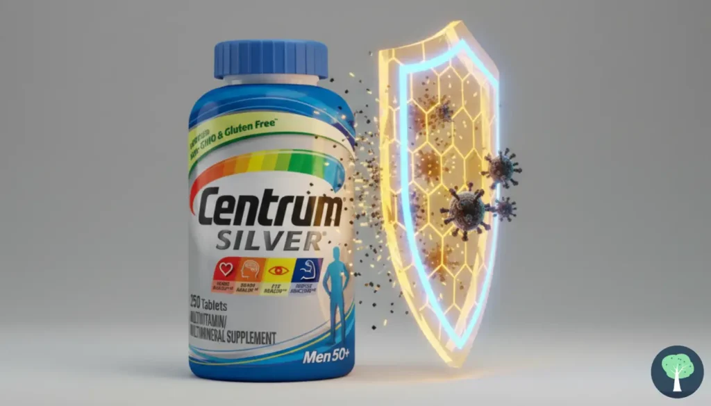 Frasco de Centrum Silver junto a un escudo de energía dorada protegiendo contra virus y bacterias, representando el refuerzo de las defensas.